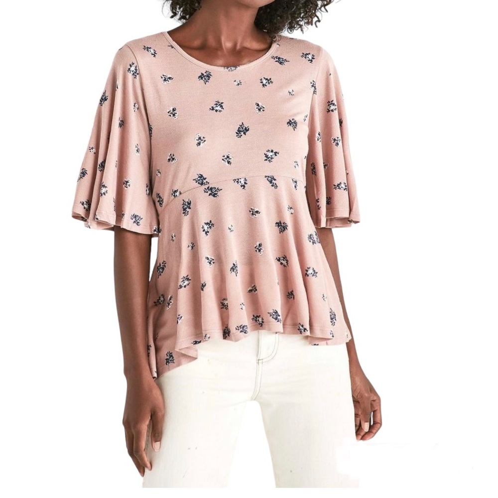Lucky Brand Top XL Pink Floral Print Flutter Sleeve Flounce Peplum